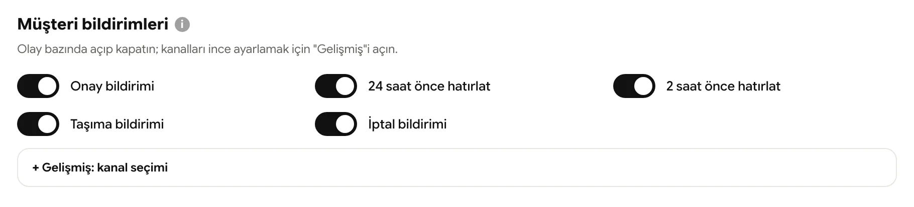 Randevu hatırlatmaları: 24 saat ve 2 saat önce hatırlatma anahtarları