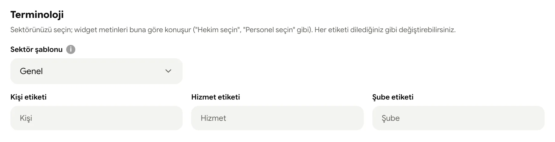 Terminoloji: sektör şablonu ve kişi, hizmet, şube etiketleri