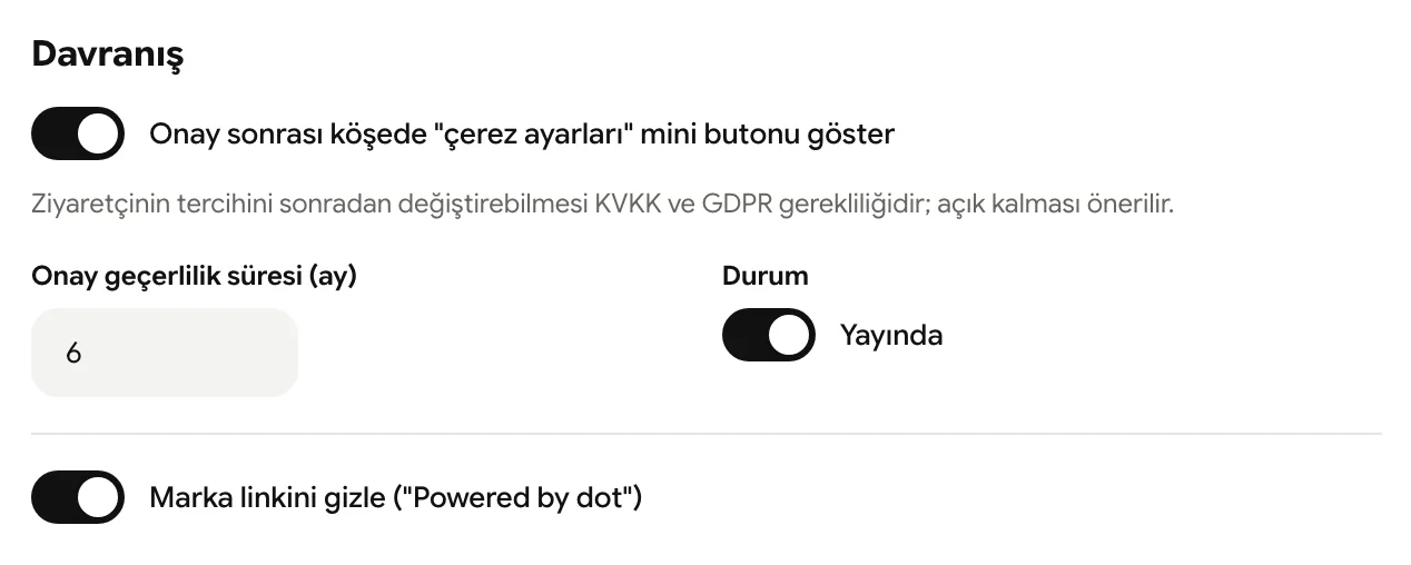 Davranış ayarları: mini buton, onay geçerlilik süresi ve marka linki