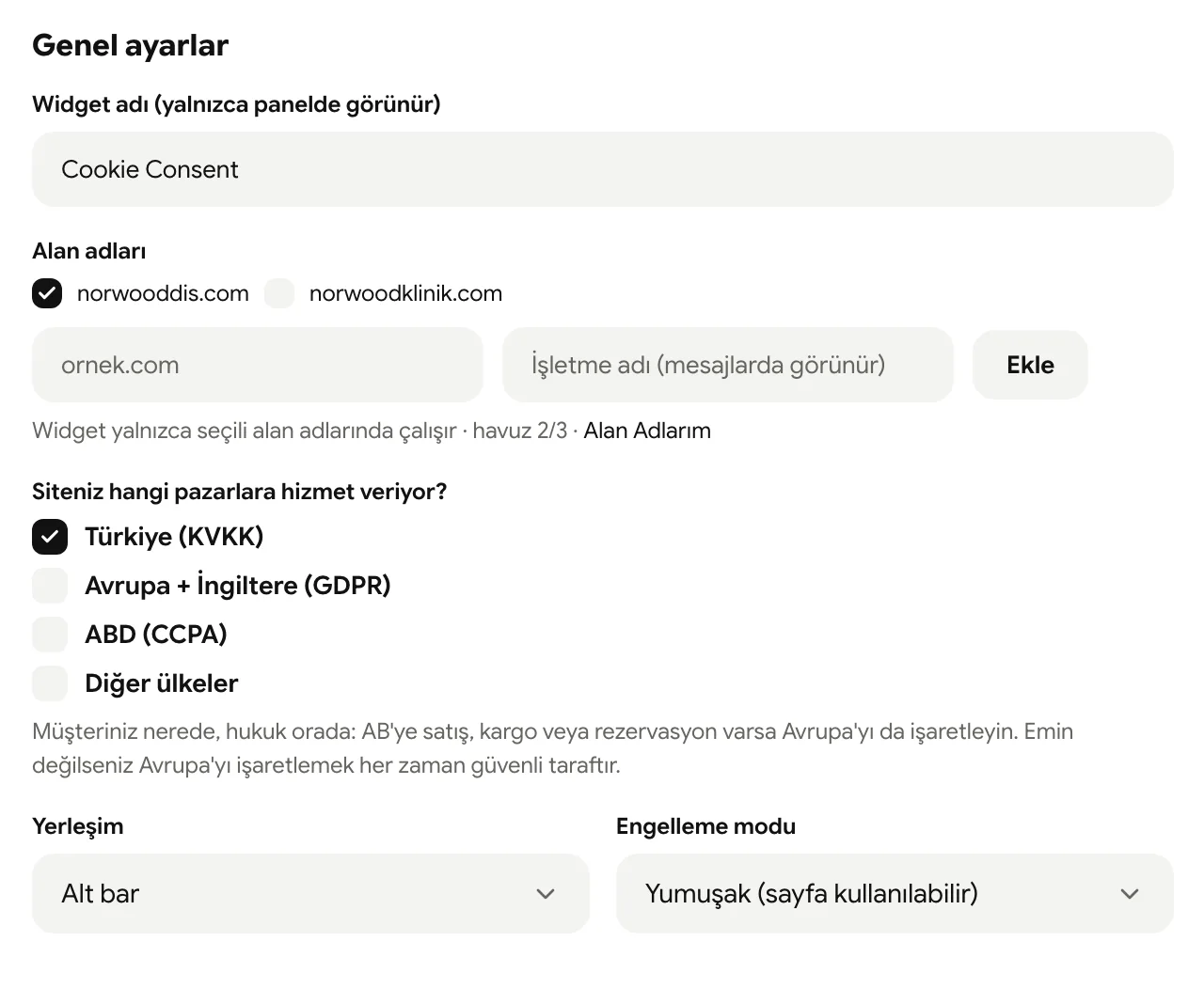Genel ayarlar: widget adı, alan adları, pazar seçimi, yerleşim ve engelleme modu