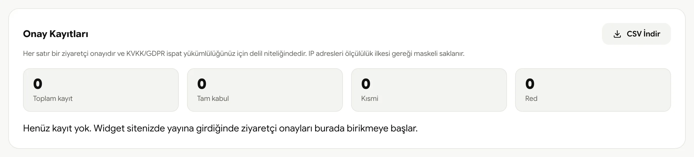 Onay kayıtları: tarih, sürüm, maskeli IP ve seçimler