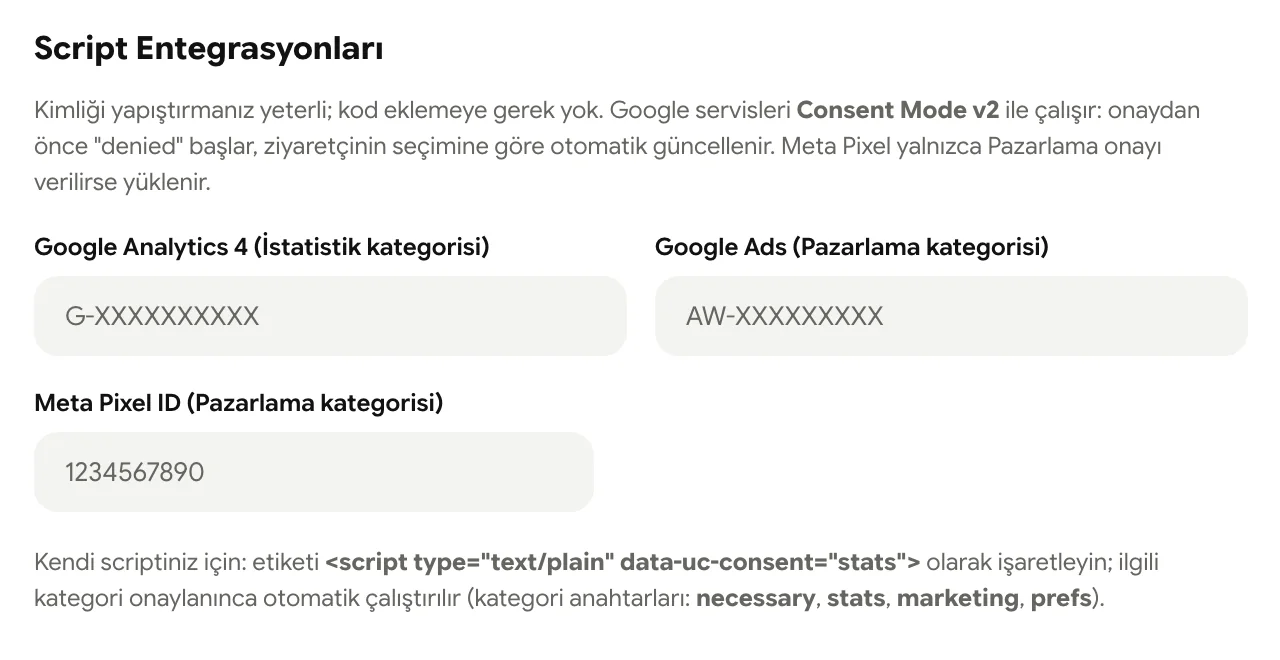 Script entegrasyonları: GA4, Google Ads ve Meta Pixel alanları