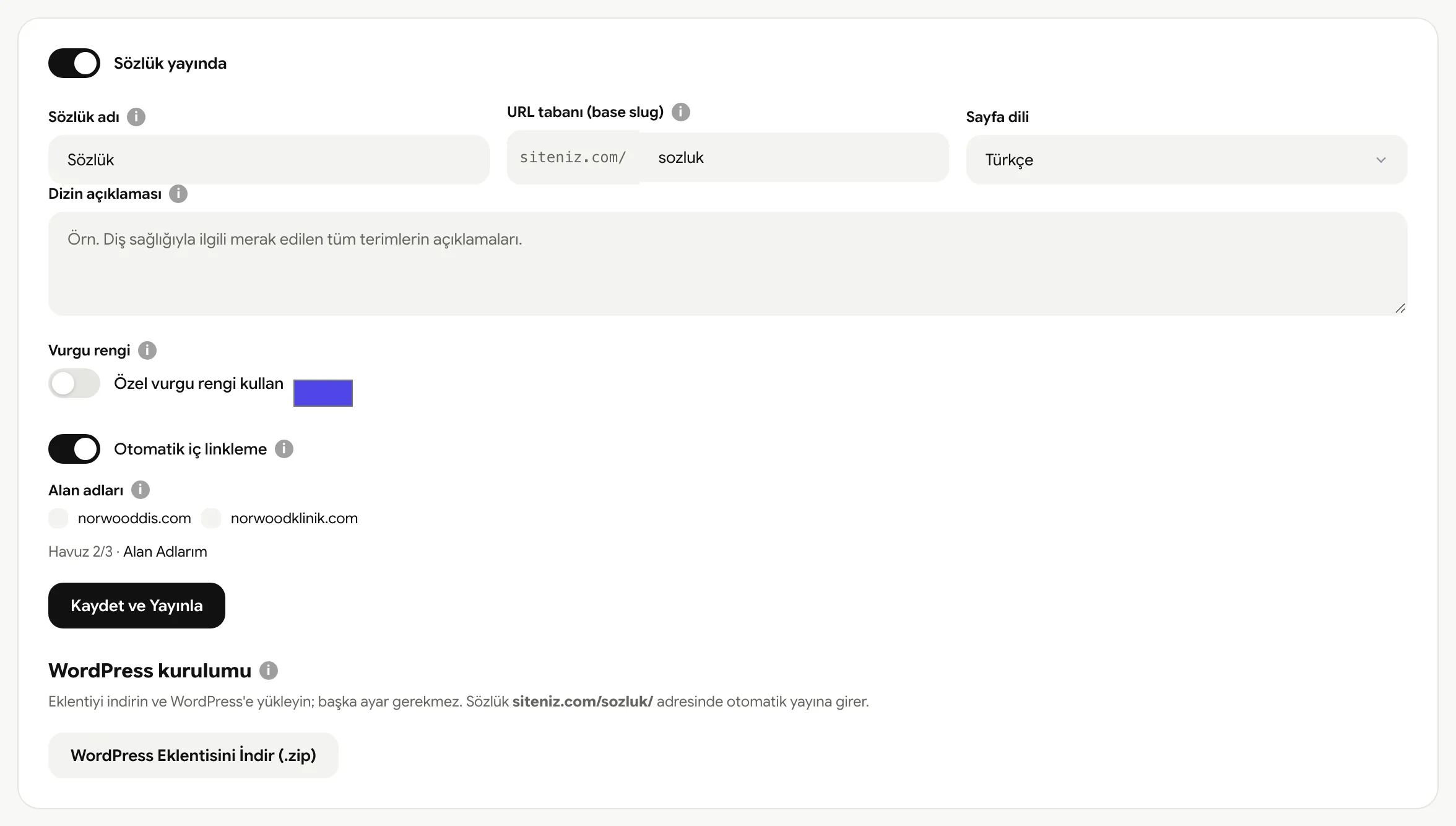 Sözlük ayarları: ad, URL tabanı, dil ve yayınlama yolları