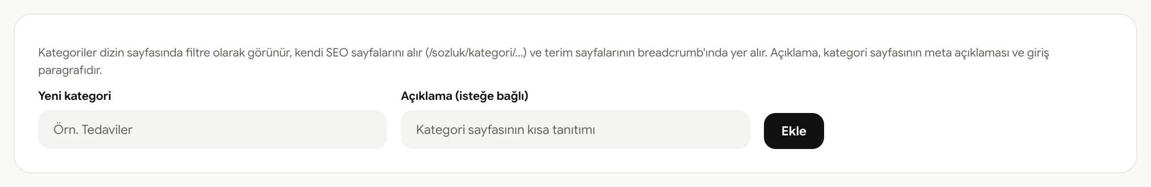 Kategoriler ekranı: mevcut kategoriler ve yeni kategori ekleme