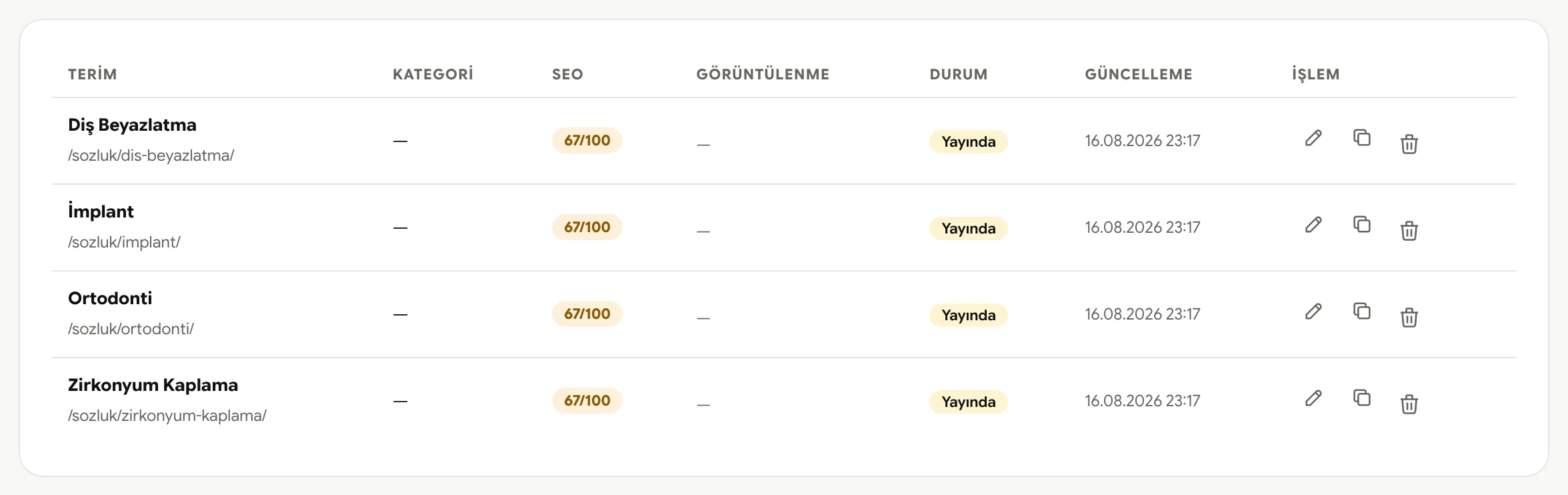 Terim listesi: istatistik kartları ve terim tablosu
