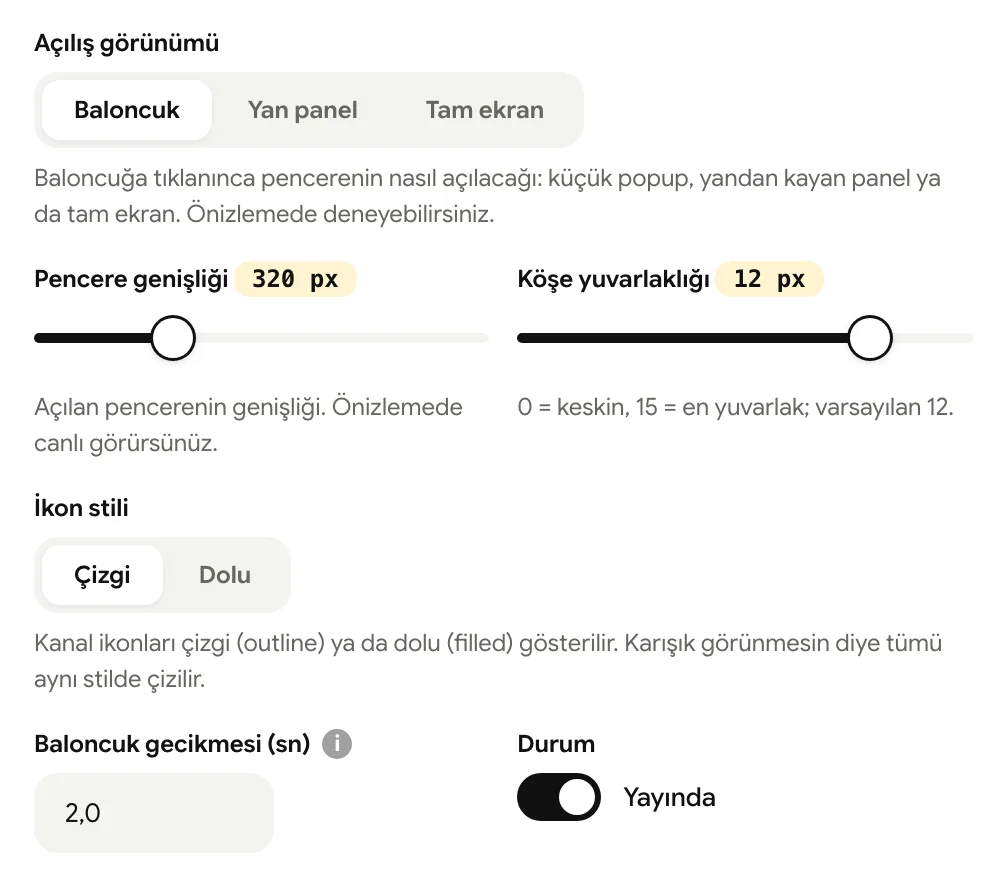 Açılış görünümü, pencere genişliği, köşe yuvarlaklığı, ikon stili ve baloncuk gecikmesi