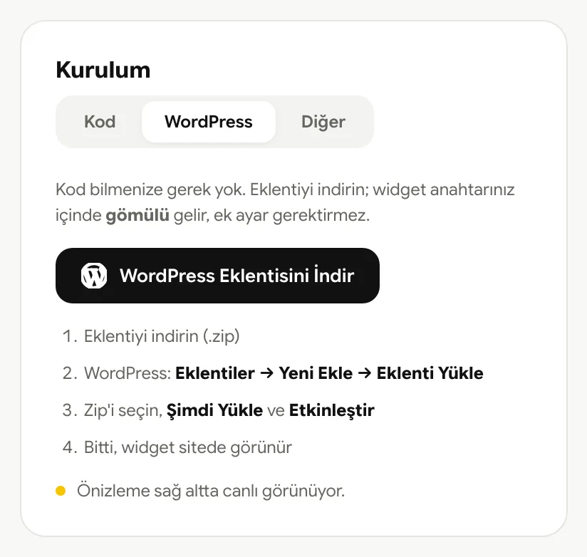 Panelde Kurulum kartı: WordPress sekmesi ve eklenti indirme
