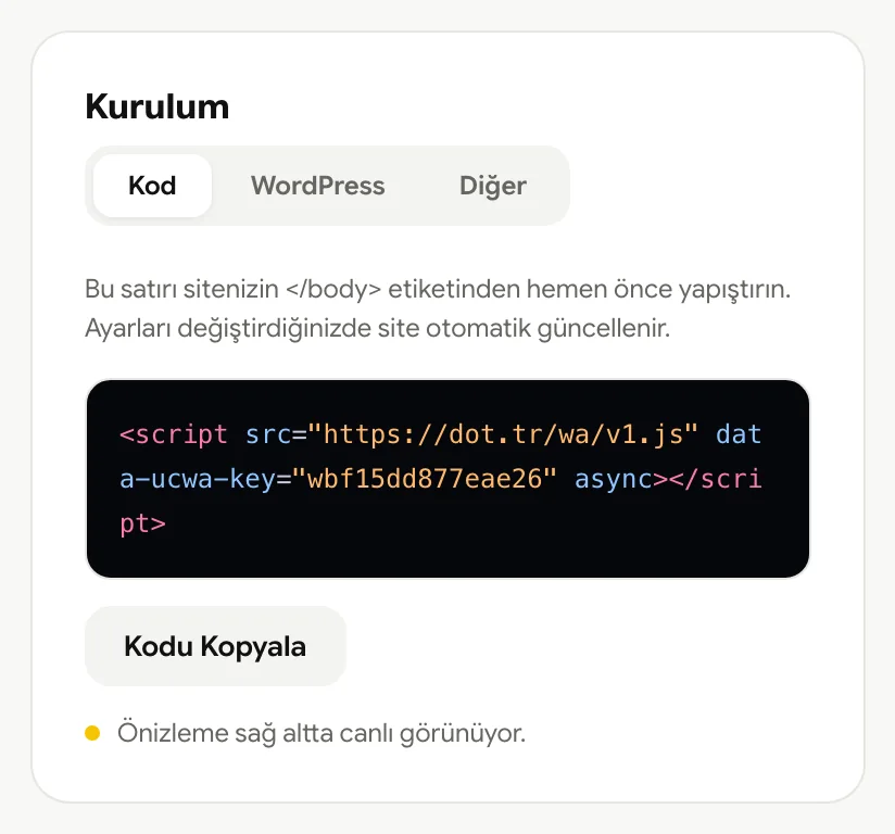 Kurulum kartı: Kod, WordPress ve Diğer sekmeleri