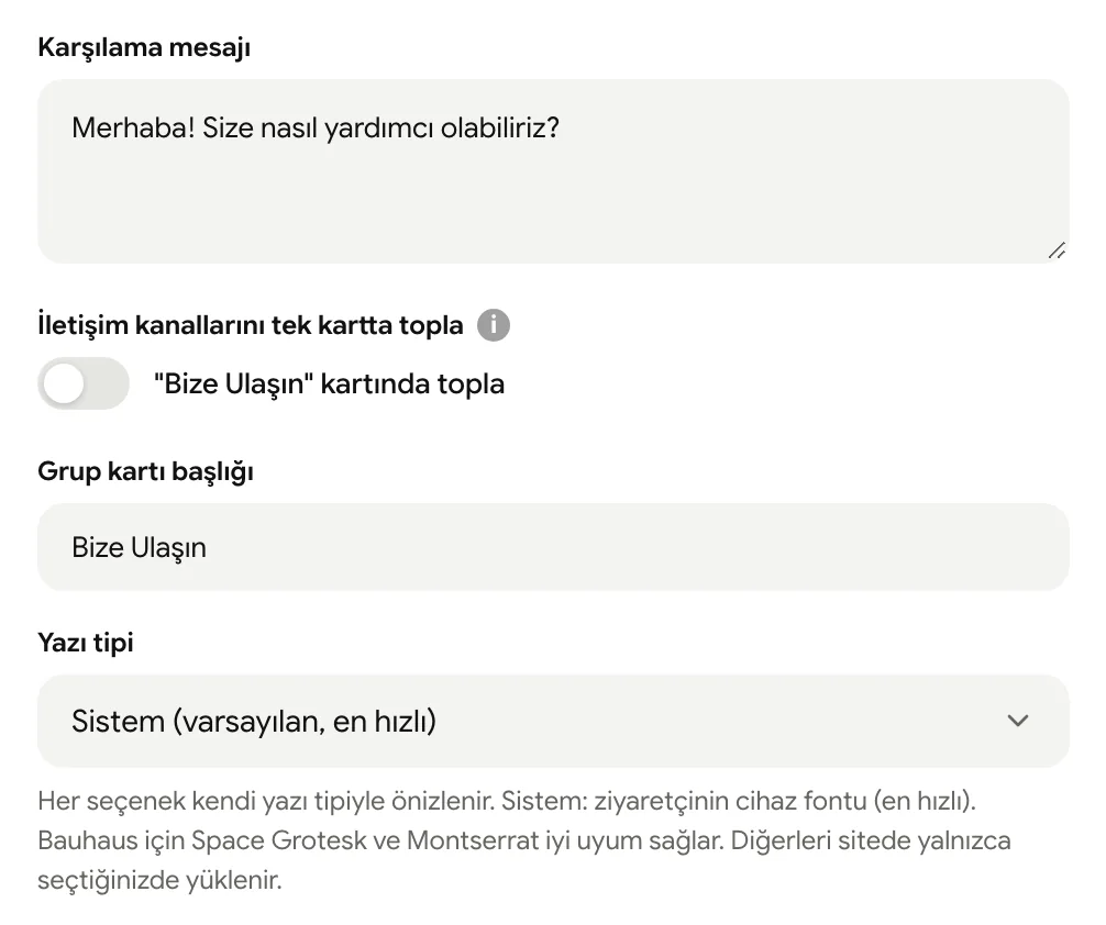 Karşılama mesajı, form dili ve yazı tipi ayarları