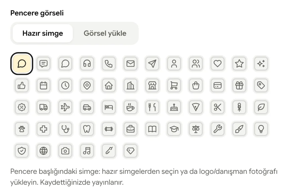 Pencere görseli: hazır simge ızgarası ve görsel yükleme sekmesi
