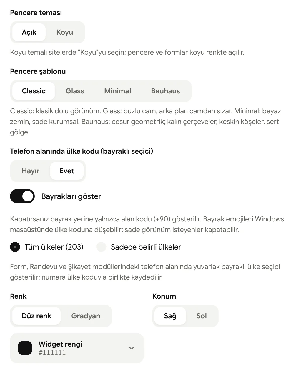 Pencere teması, ülke kodu seçici, renk ve konum ayarları