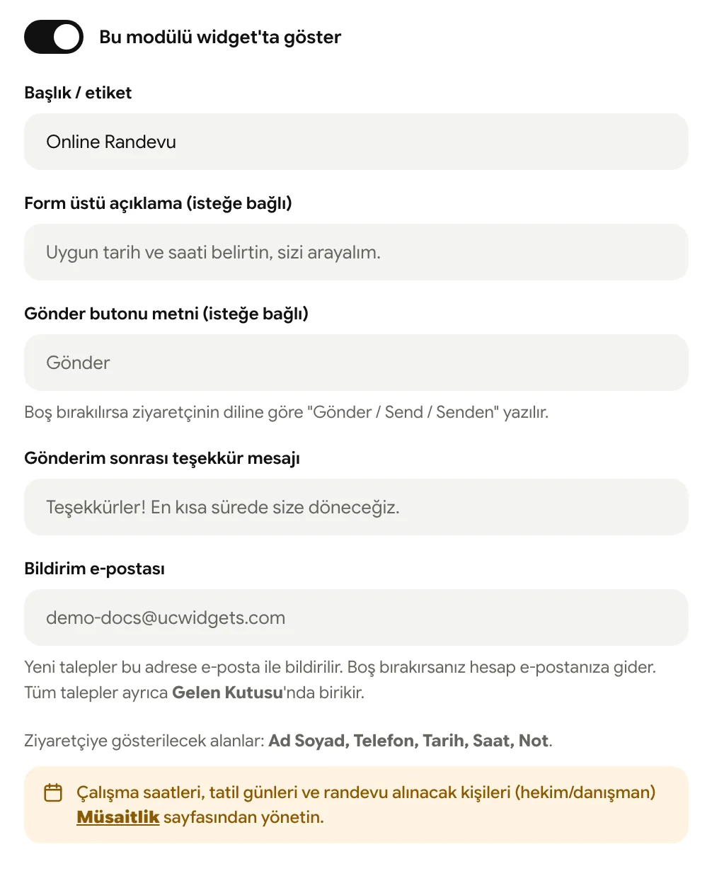 Randevu modülü ayarları: açıklama, buton metni, teşekkür mesajı, bildirim e-postası ve müsaitlik uyarısı