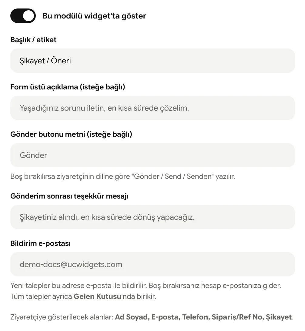 Şikayet formu modülü ayarları: açıklama, buton metni, teşekkür mesajı ve bildirim e-postası