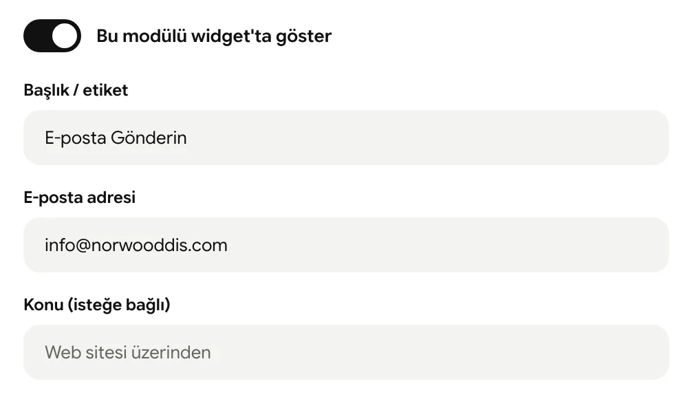E-posta modülü: e-posta adresi ve konu alanları