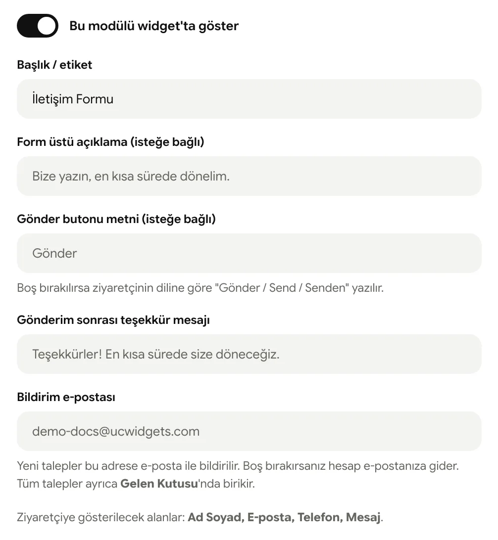 İletişim formu modülü ayarları: açıklama, buton metni, teşekkür mesajı ve bildirim e-postası