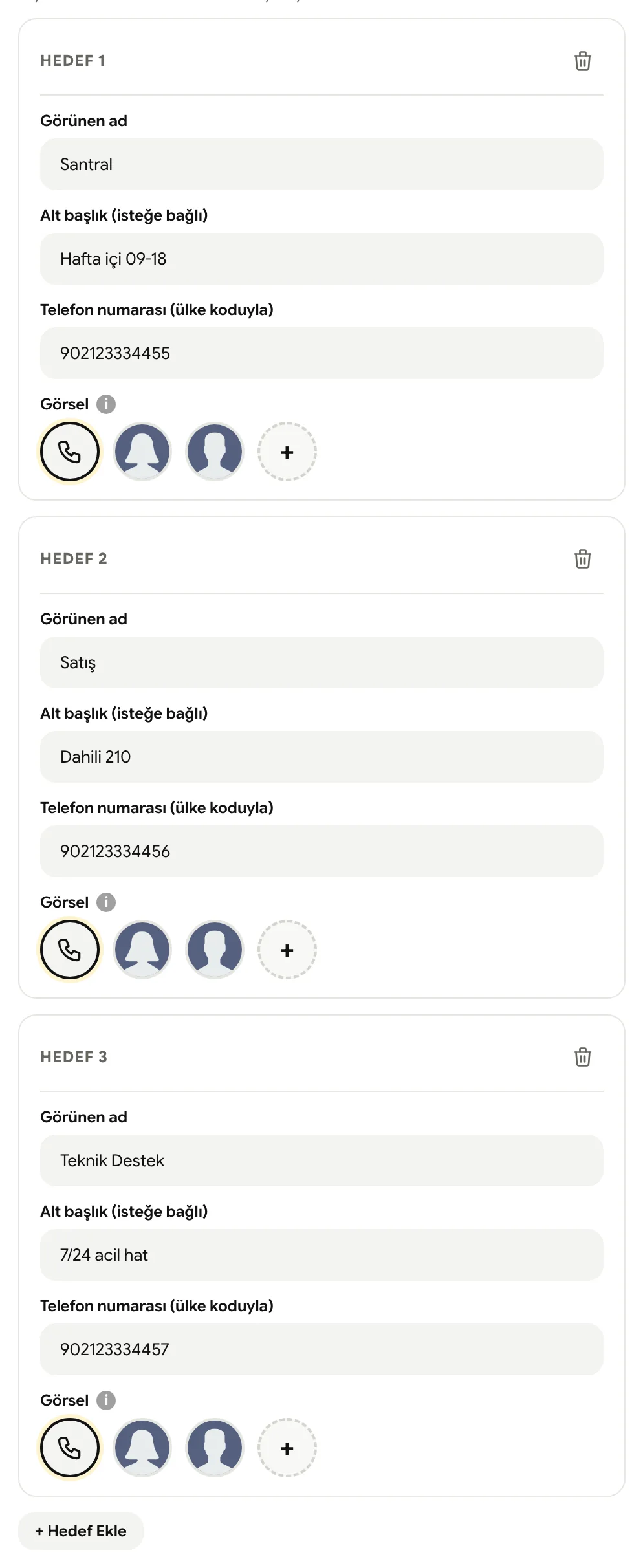 Çoklu telefon hedefleri: santral, satış ve teknik destek satırları