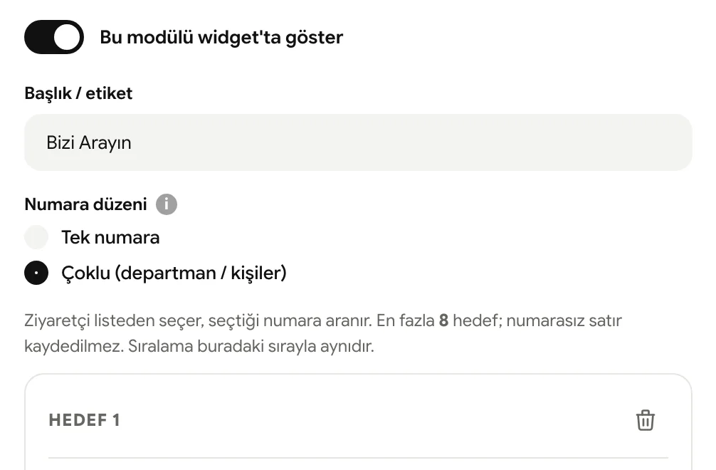 Telefon modülü: modülü göster anahtarı, başlık ve numara düzeni