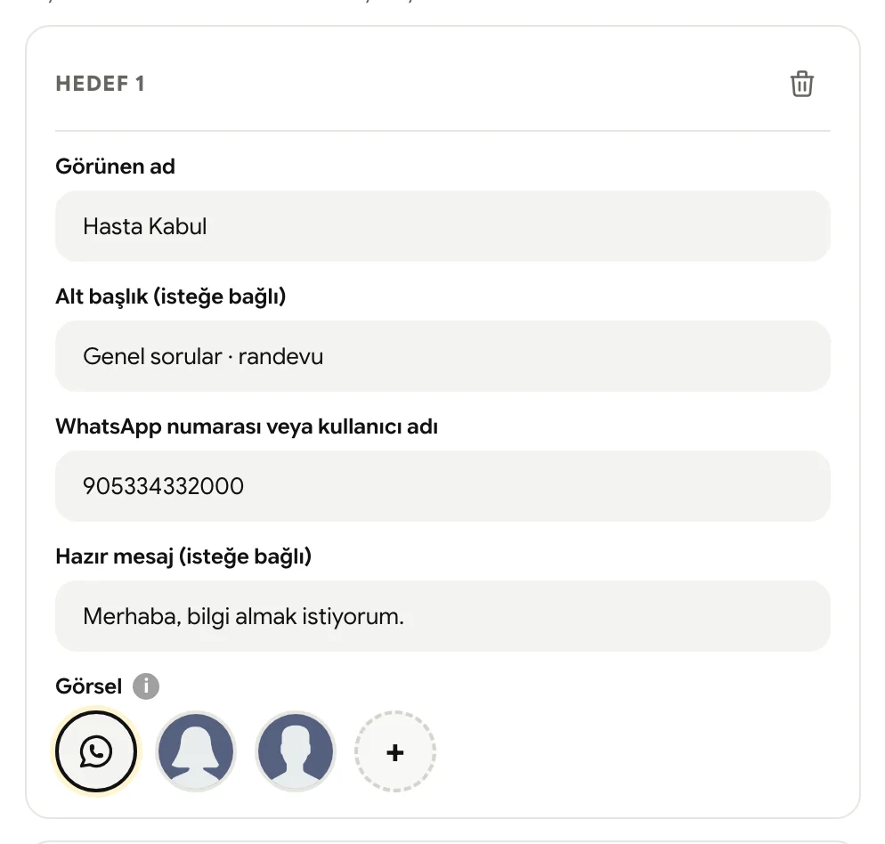 Çoklu hedef satırı: görünen ad, alt başlık, numara, hazır mesaj ve görsel seçimi