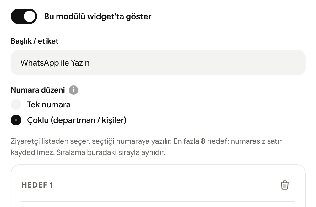 WhatsApp modülü: modülü göster anahtarı, başlık/etiket ve numara düzeni