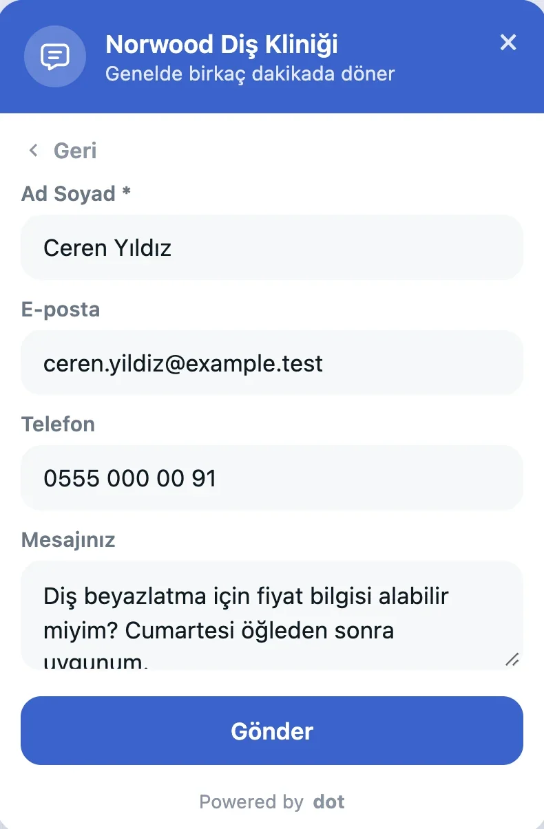 Sitedeki widget'ta doldurulmuş iletişim formu (örnek)