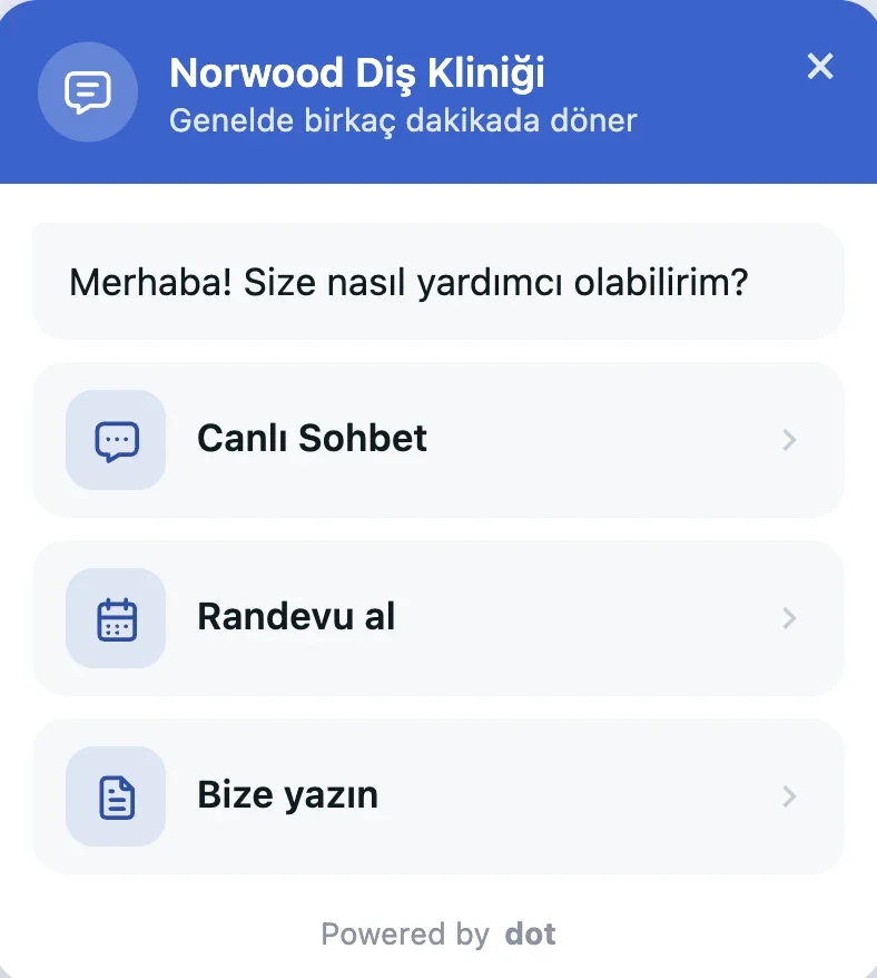 Sitedeki widget menüsü: Canlı Sohbet, Randevu al, Bize yazın (örnek)