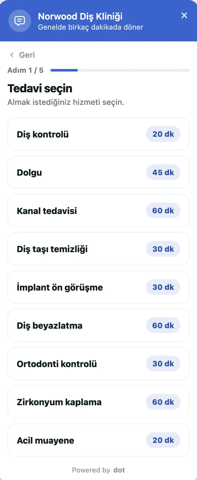 Sitedeki widget'ta randevu: tedavi seçimi (örnek)