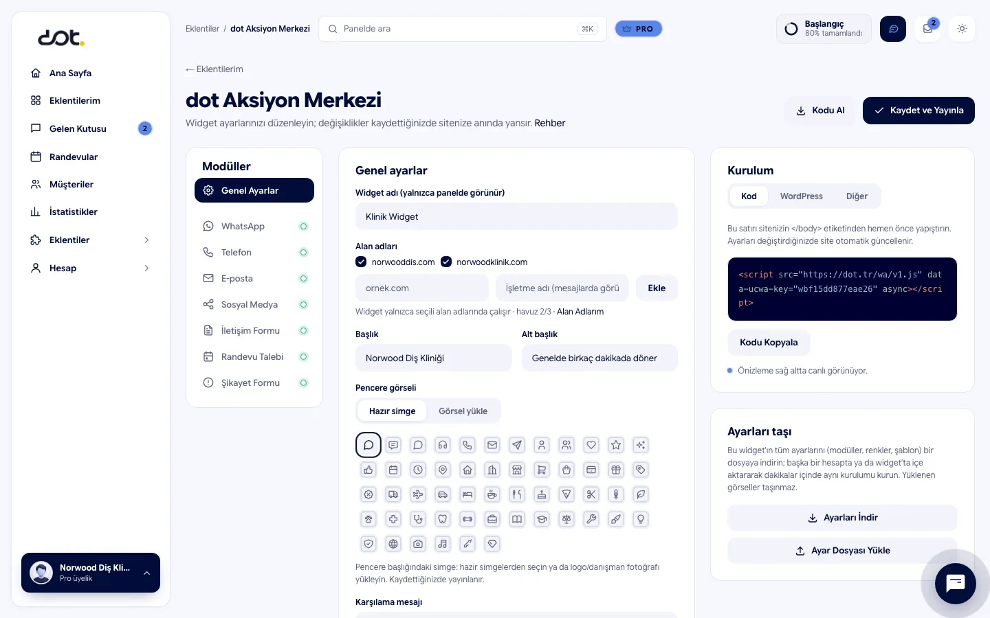 dot Aksiyon Merkezi widget ayarları ekranı: modüller, genel ayarlar ve kurulum kodu