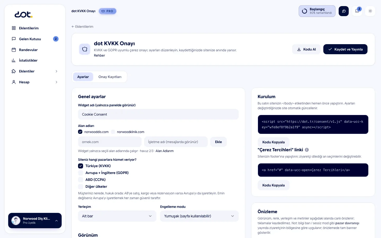 dot KVKK Onayı paneli: pazar seçimi (KVKK, GDPR, CCPA), kurulum kodu ve canlı çerez banner önizlemesi