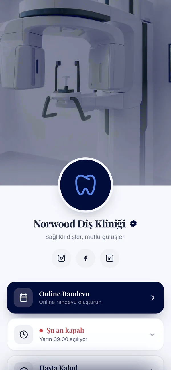 dot Bio örnek sayfası dot.tr/norwood: Norwood Diş Kliniği için kapak fotoğrafı, logo, sosyal medya ikonları, online randevu düğmesi ve çalışma saatleri