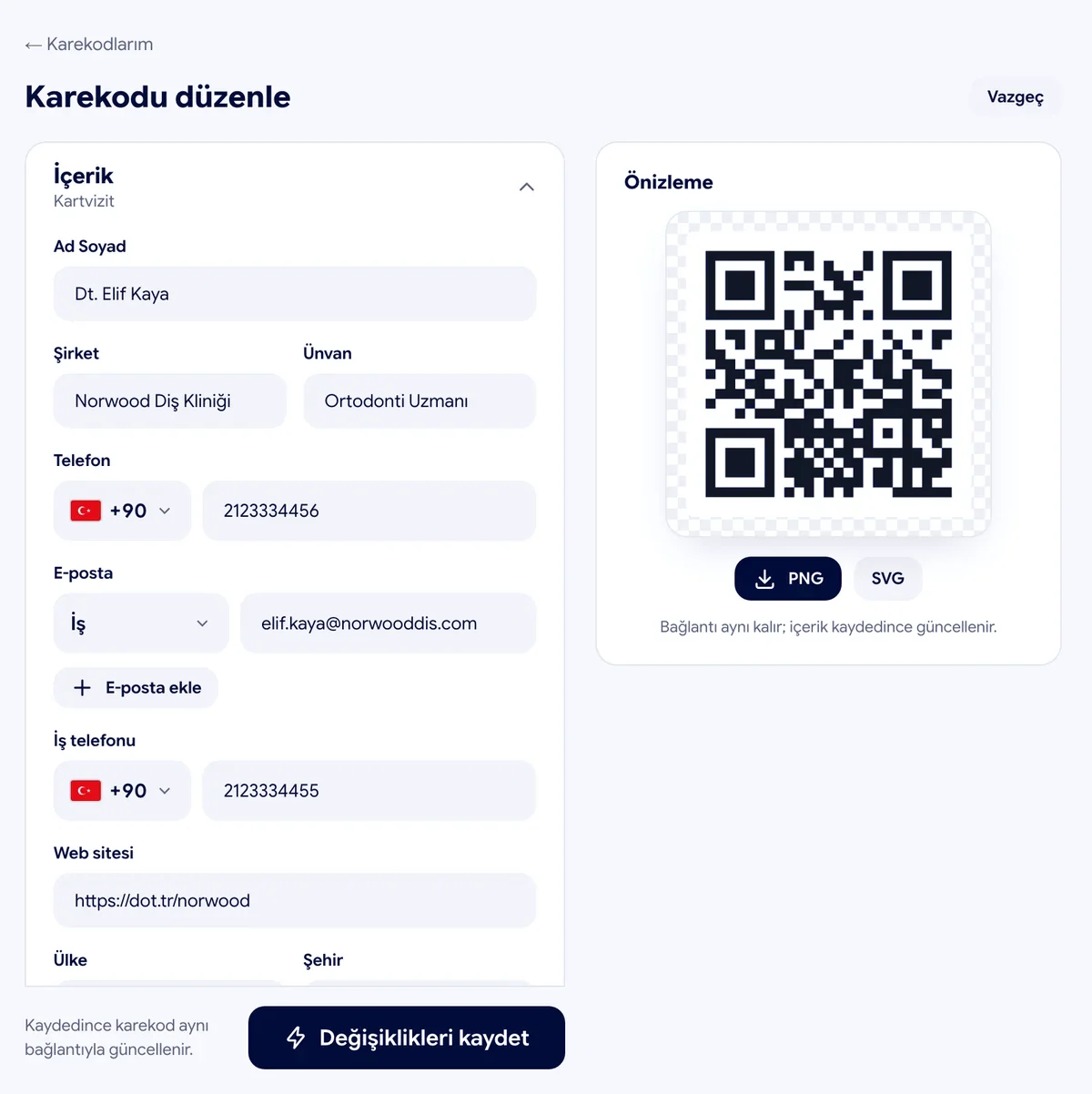 dot QR panelinde dinamik karekodu düzenleme ekranı: kartvizit alanları, sağda karekod önizlemesi ve bağlantının aynı kaldığını söyleyen not