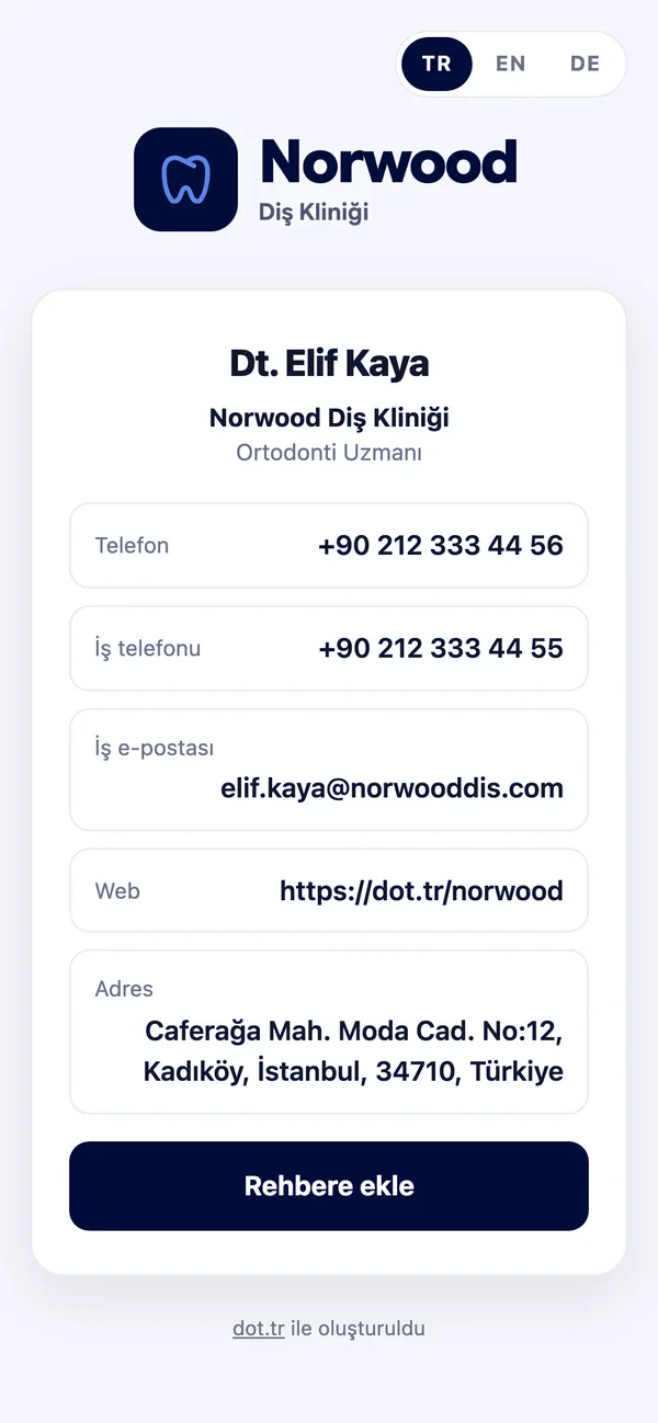 Telefonda karekodla açılan dijital kartvizit (örnek)
