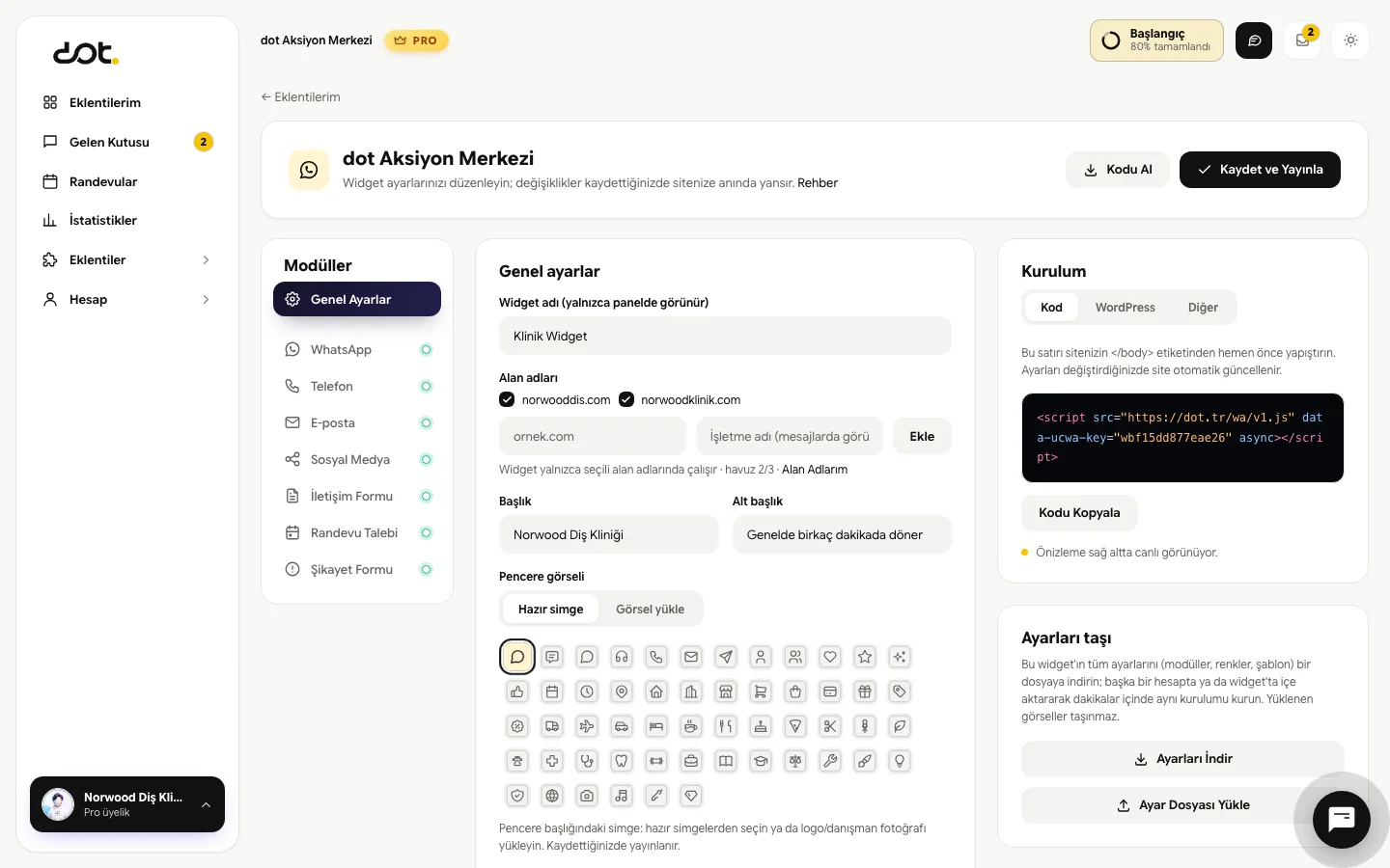 dot Aksiyon Merkezi modül ayarları ekranı