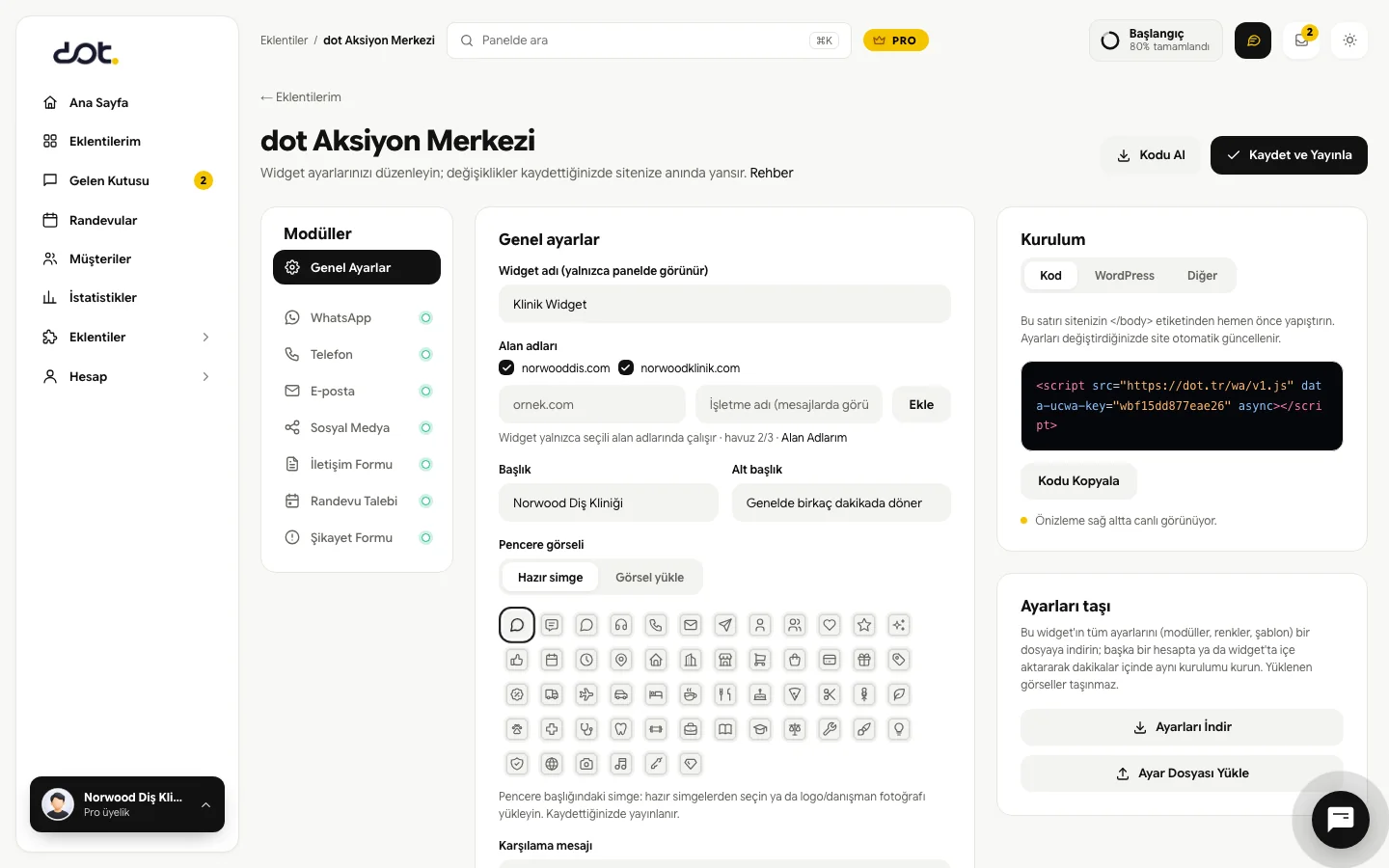 dot panelinde randevu widget'ı ayarları: hizmet, personel ve kurulum kodu