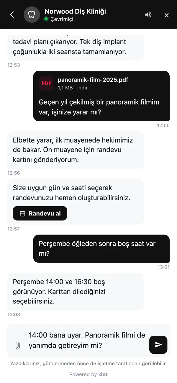 Telefonda tam ekran canlı sohbet: işletmenin yanıtları, PDF eki, Randevu al düğmesi ve ziyaretçinin yazdığı mesaj