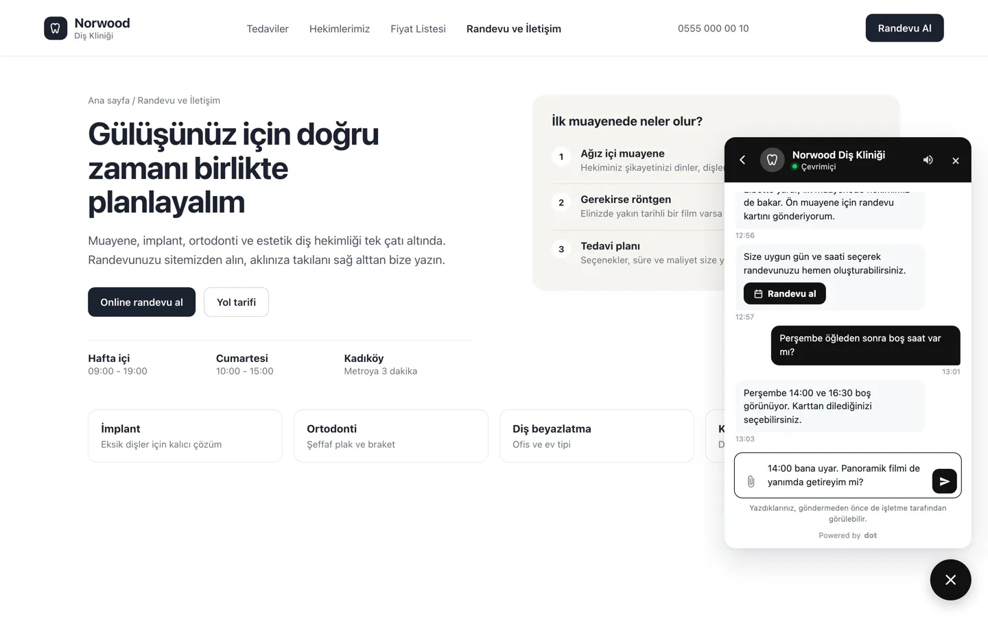 Bir klinik sitesinde açık canlı sohbet penceresi: işletmenin yanıtları, Randevu al düğmesi ve ziyaretçinin yazdığı mesaj
