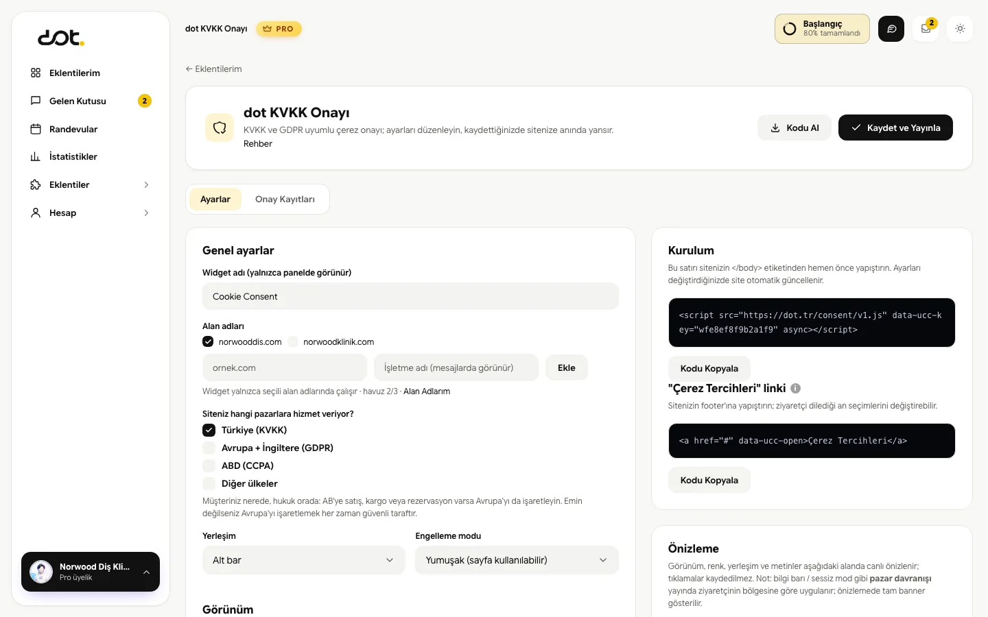 dot KVKK Onayı paneli: pazar seçimi (KVKK, GDPR, CCPA), kurulum kodu ve canlı çerez banner önizlemesi