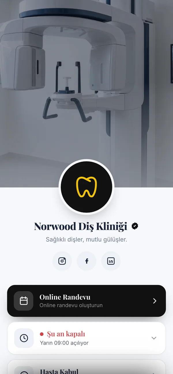 dot.tr/norwood adresindeki örnek dot Bio sayfası: kapak fotoğrafı, klinik logosu, sosyal medya bağlantıları ve Online Randevu düğmesi
