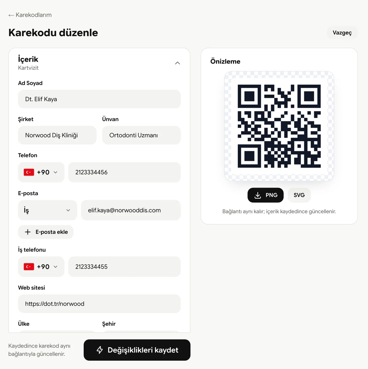 dot QR panelinde kartvizit düzenleme ekranı: ad soyad, şirket, unvan, telefon, e-posta ve web sitesi alanları, sağda karekod önizlemesi ve Değişiklikleri kaydet düğmesi