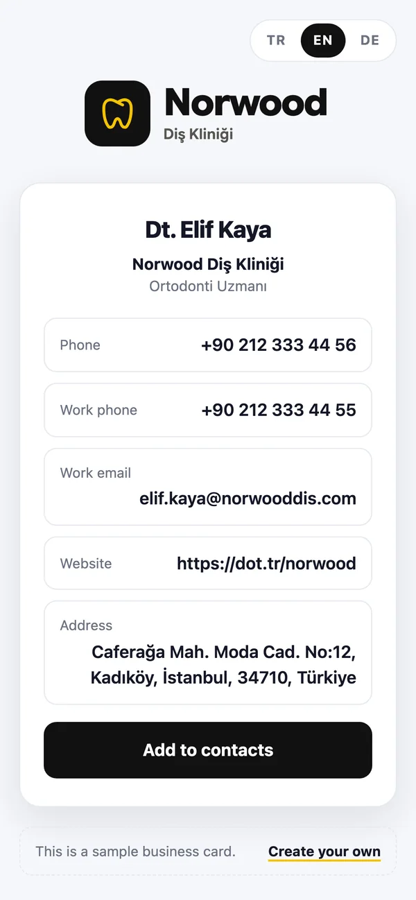 Örnek kartvizit sayfasının İngilizce görünümü: dil seçicide EN seçili, telefon, e-posta, web sitesi, adres ve Add to contacts düğmesi