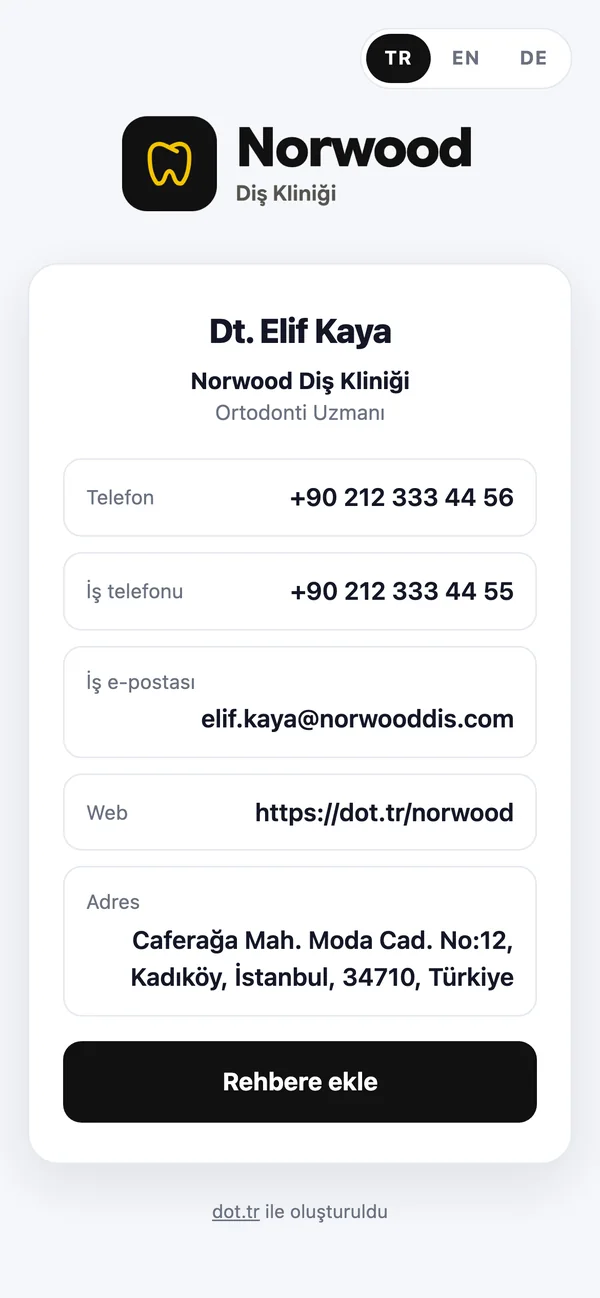 Örnek dinamik kartvizit sayfası: Norwood Diş Kliniği logosu, Dt. Elif Kaya, telefon, e-posta, web sitesi, adres ve Rehbere ekle düğmesi