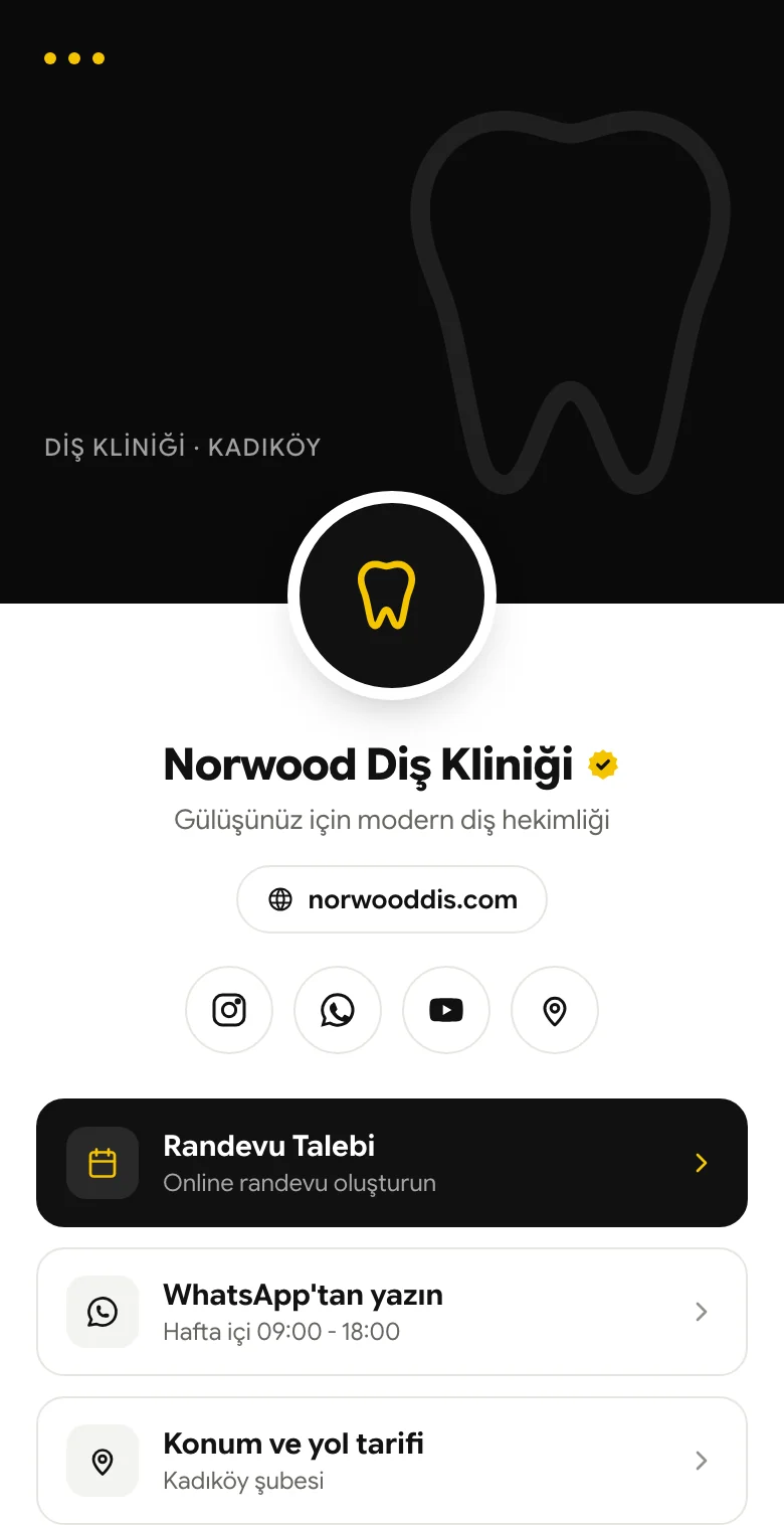 dot Bio örnek sayfası: Norwood Diş Kliniği için kapak, logo, sosyal medya ikonları, WhatsApp ve online randevu butonları