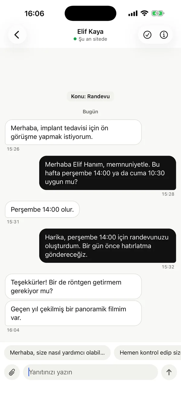 dot Panel uygulamasında açık bir sohbet: ziyaretçinin soruları, işletmenin yanıtları ve hazır yanıt önerileri