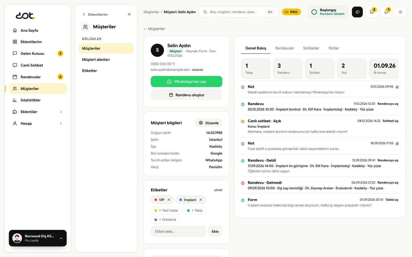 dot CRM müşteri kartı: iletişim bilgileri, müşteri alanları, etiketler ve talep, randevu, canlı sohbet ile notları gösteren zaman çizelgesi