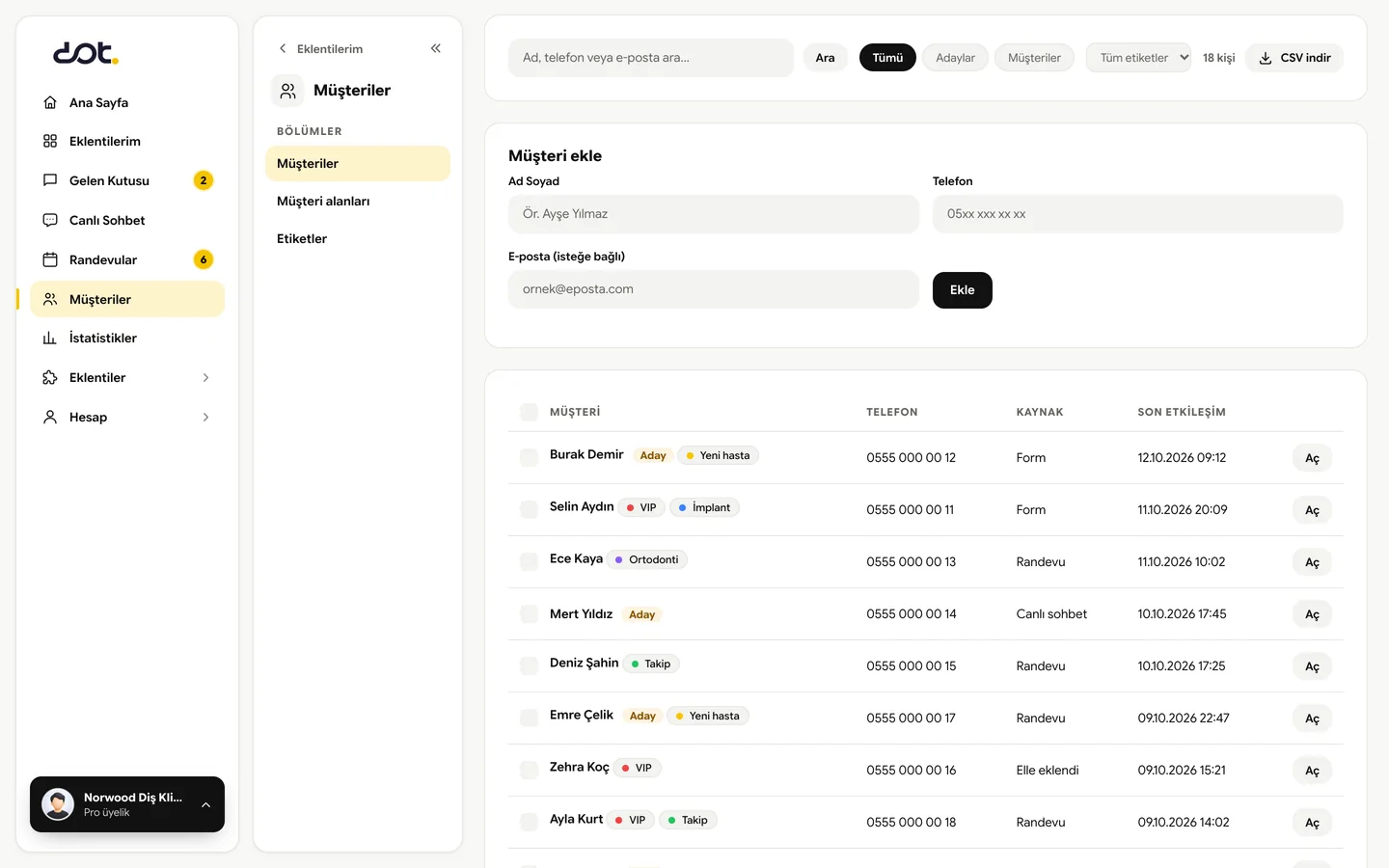 dot CRM müşteri listesi: arama, Aday ve Müşteri süzgeci, renkli etiketler, kaynak ve son etkileşim sütunları, CSV indir düğmesi